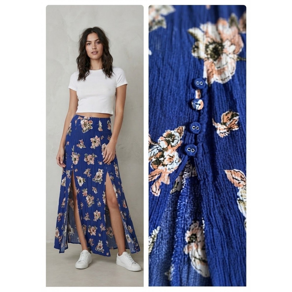 WOMENS M MAXI SKIRT ROYAL BLUE FLORAL HIGH SLIT A LINE FLOWY TEXTURED BOHO FAIRY